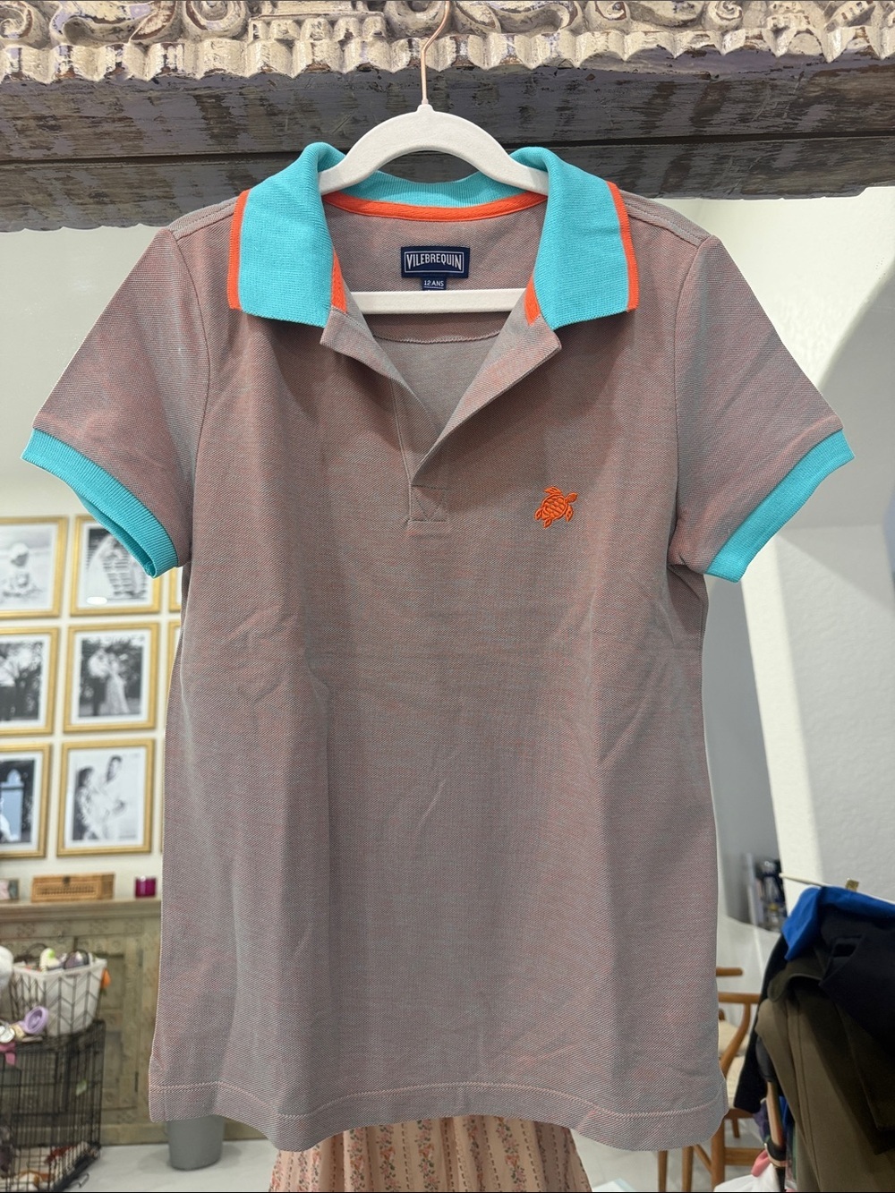 Vilebrequin NWOT Taupe Polo with Aqua Collar and Orange Trim